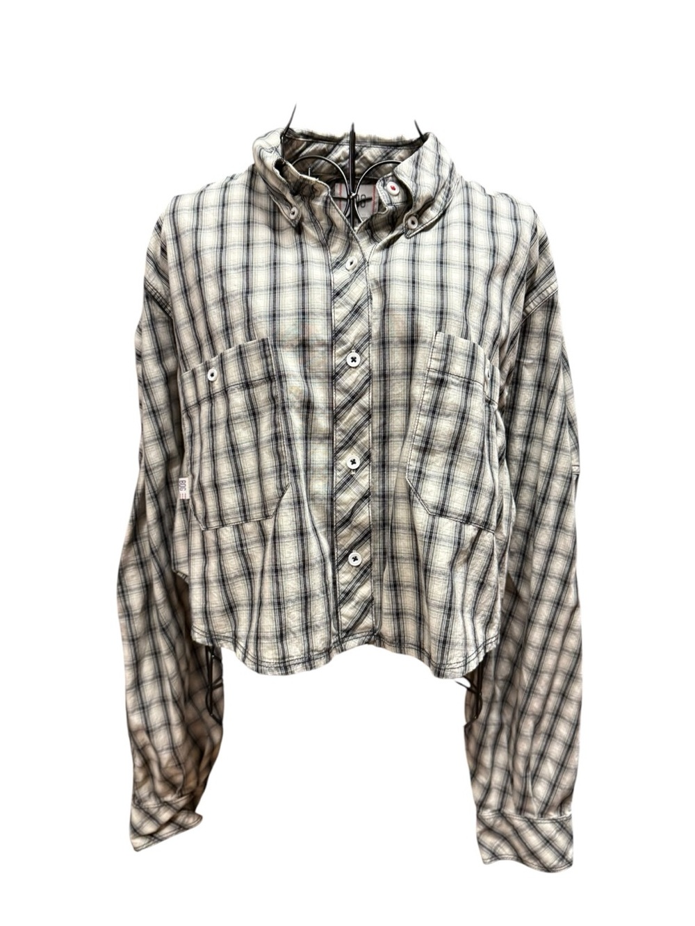 BDG Plaid Button-Up Cropped Shacket in Cream Gray Medium